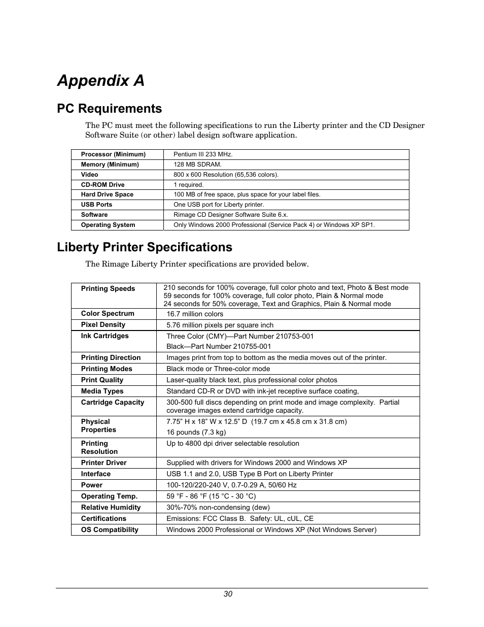 Appendix a, Pc requirements, Liberty printer specifications | Rimage 110705-000 User Manual | Page 30 / 30