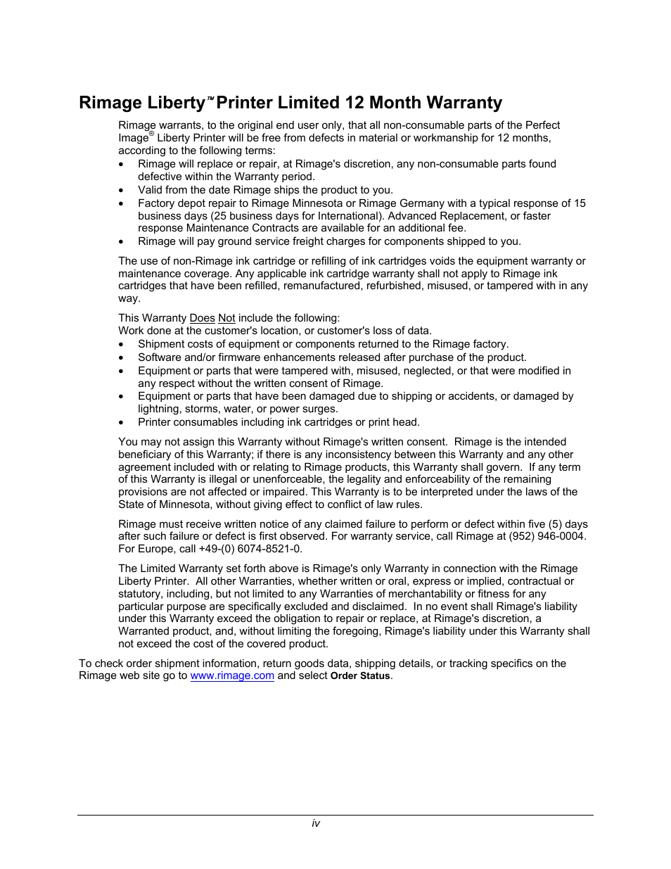 Rimage liberty( printer limited 12 month warranty, Rimage liberty, Printer limited 12 month warranty | Rimage 110705-000 User Manual | Page 4 / 30