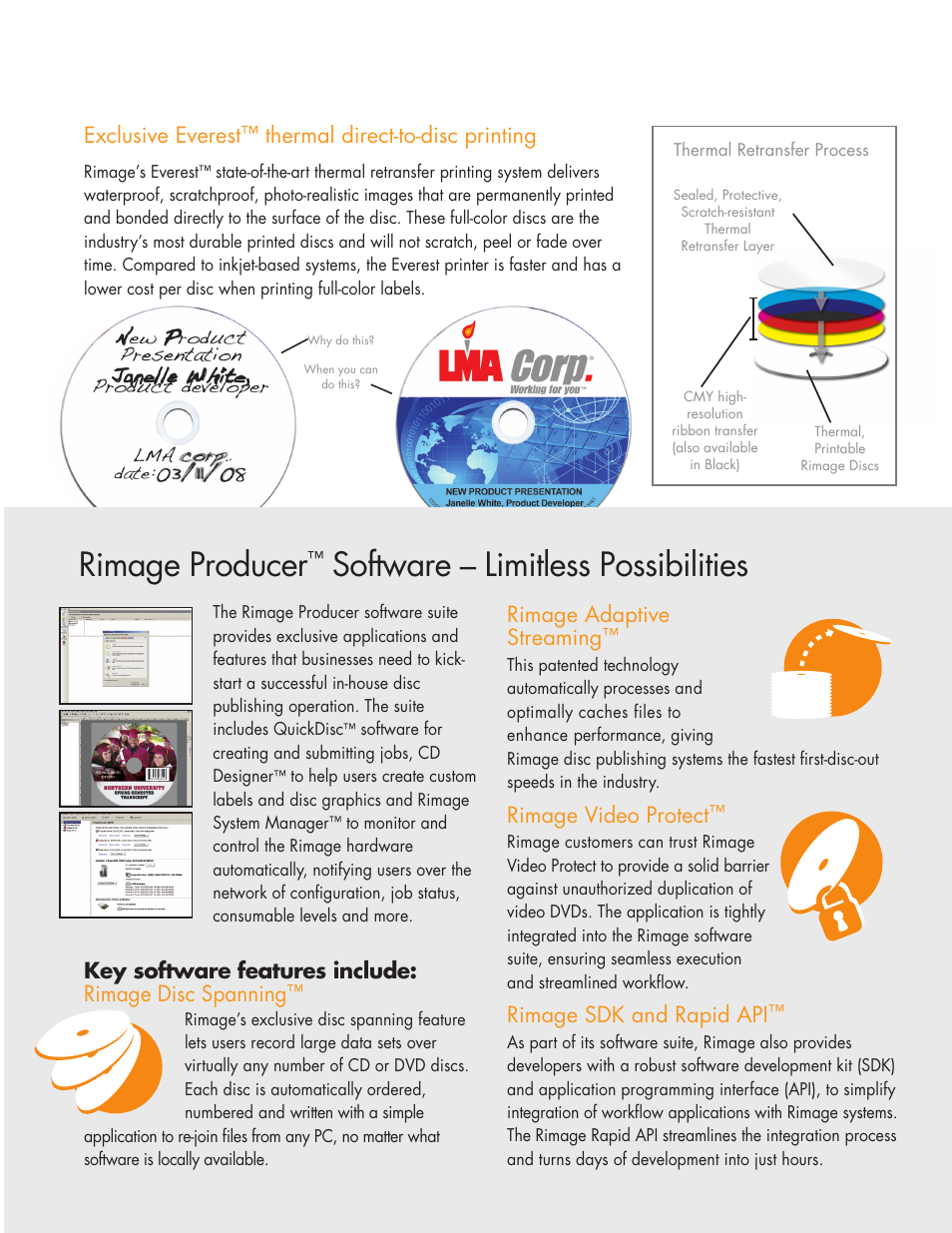 Small footprint – big features, Rimage producer, Software – limitless possibilities | Watermarking, Rimage adaptive streaming, Rimage video protect, Rimage sdk and rapid api, Exclusive everest, Thermal direct-to-disc printing | Rimage Professional 5100N User Manual | Page 3 / 4
