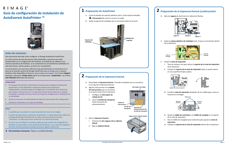 Español, Antes de comenzar, Preparación de autoprinter | Rimage 110660-001_F User Manual | Page 7 / 14