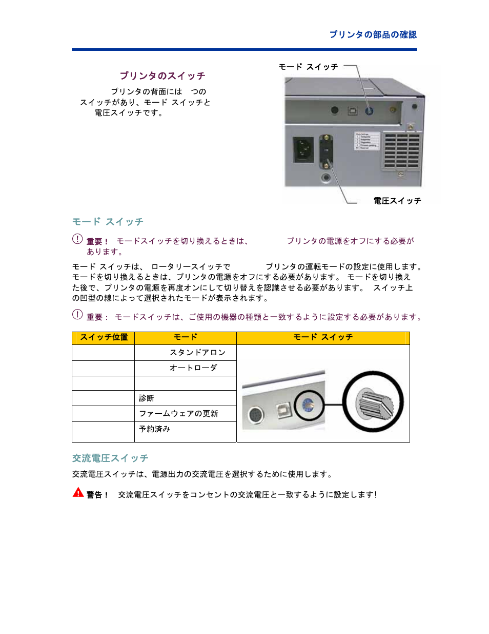 Everest プリンタのスイッチ, モード スイッチ, 交流電圧スイッチ | Rimage EverestTM Printer User Manual | Page 90 / 234