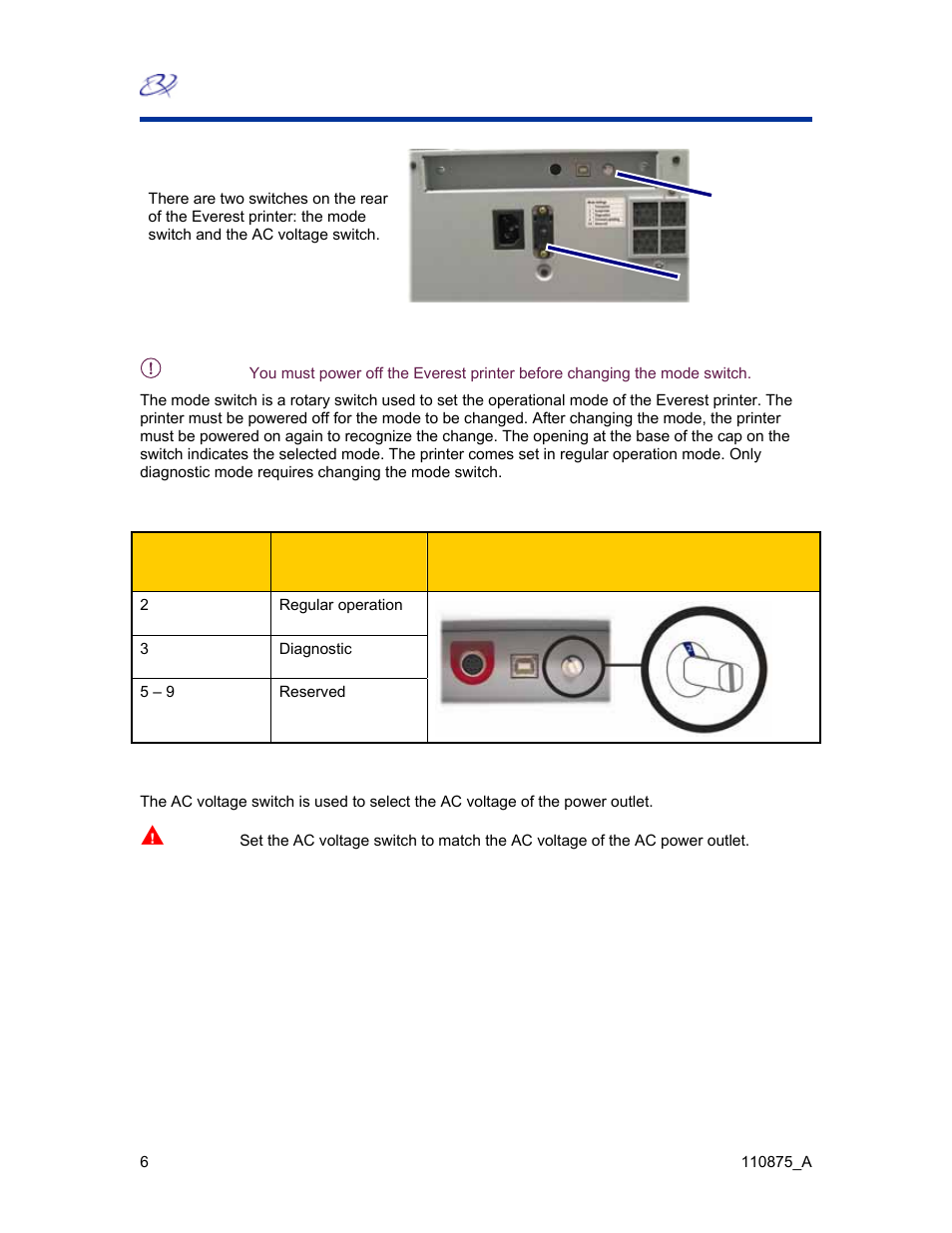 Everest printer switches, Mode switch positions | Rimage Everest III User Manual | Page 12 / 246