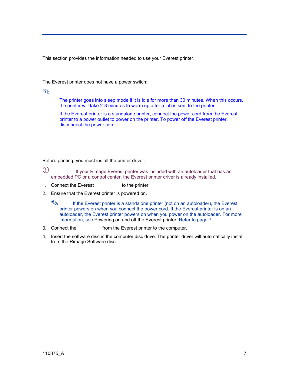 Operate the everest printer, Powering on and off the everest printer, Installing the everest printer driver | Installing the everest printer driver (pc) | Rimage Everest III User Manual | Page 13 / 246
