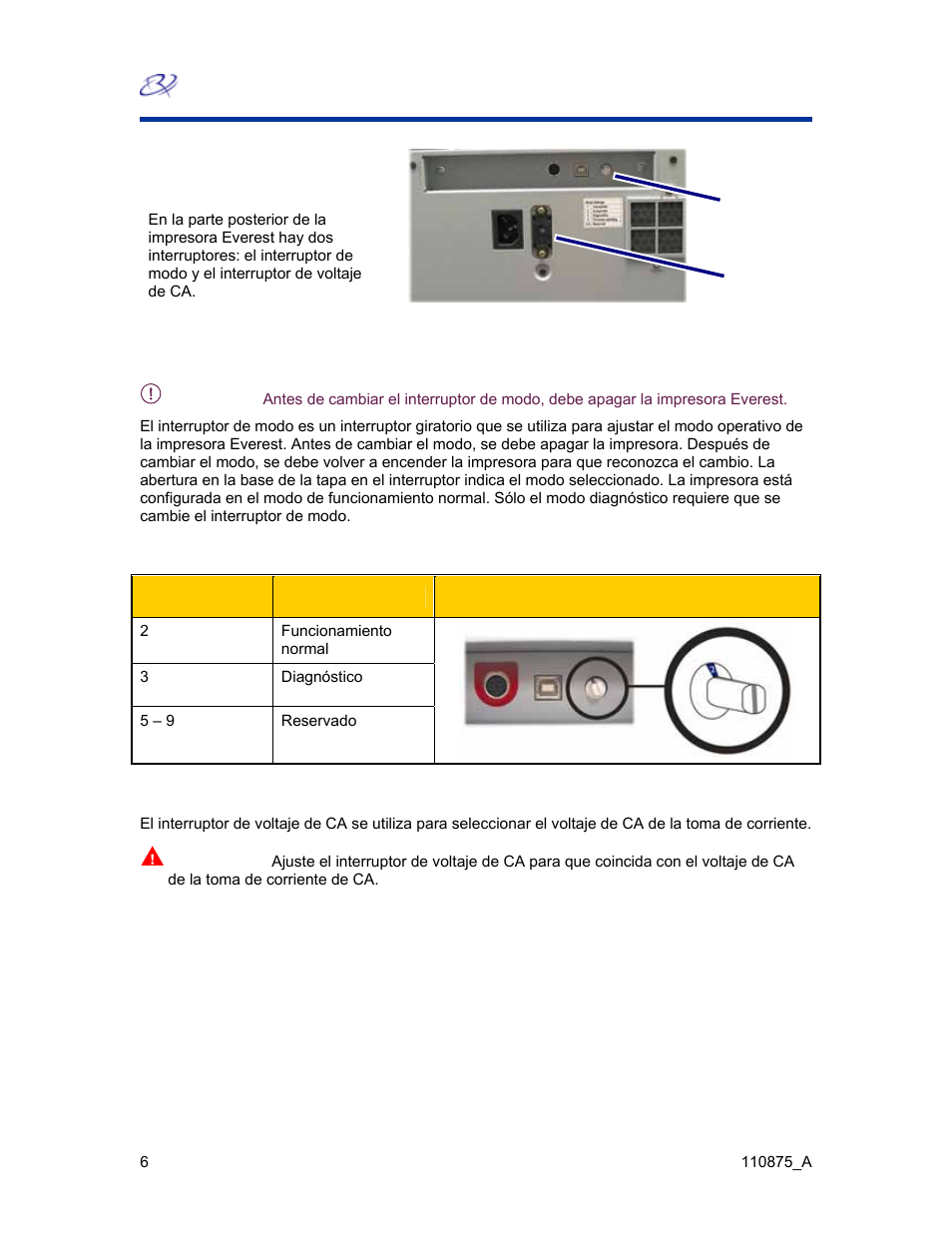 Interruptores de la impresora everest, Posiciones del interruptor de modo | Rimage Everest III User Manual | Page 135 / 246