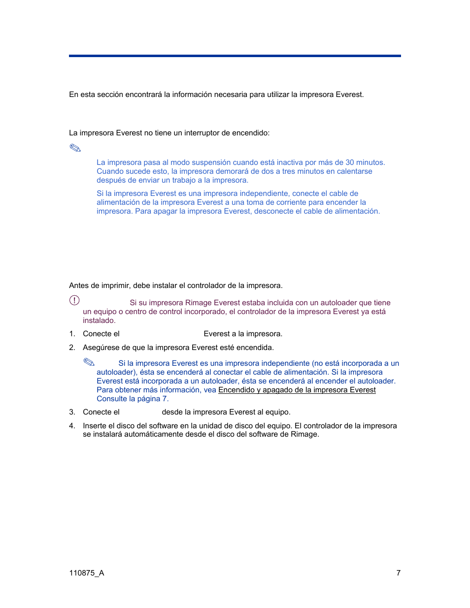 Funcionamiento de la impresora everest, Encendido y apagado de la impresora everest | Rimage Everest III User Manual | Page 136 / 246