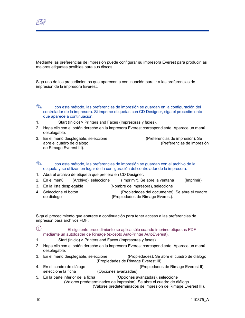 Exploración de las preferencias de impresión (pc) | Rimage Everest III User Manual | Page 139 / 246