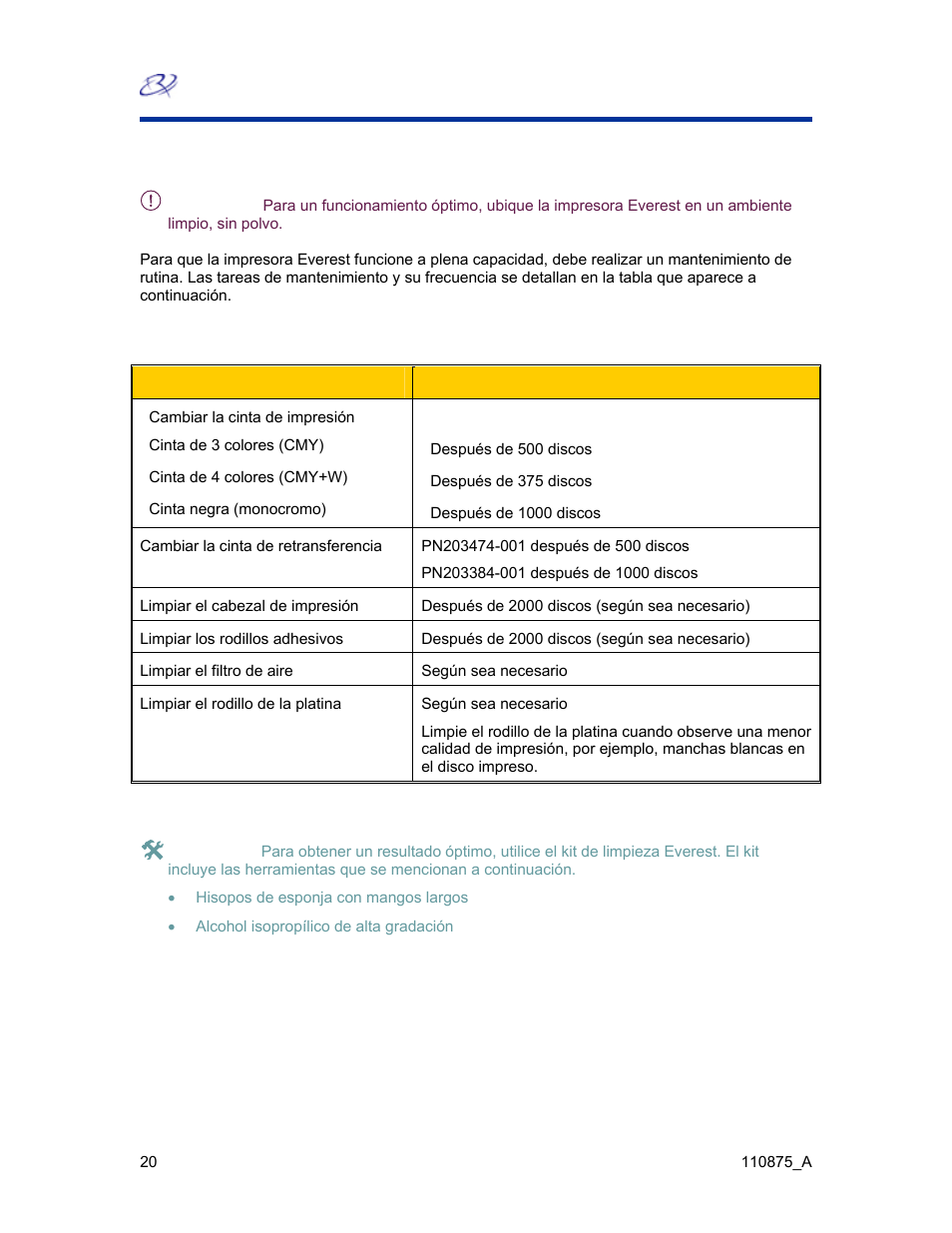 Mantenimiento de la impresora everest, Programa de mantenimiento | Rimage Everest III User Manual | Page 149 / 246