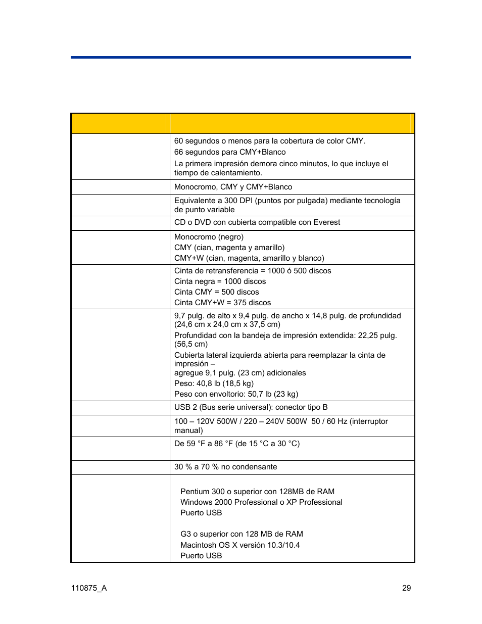 Información adicional, Especificaciones de la impresora everest | Rimage Everest III User Manual | Page 158 / 246