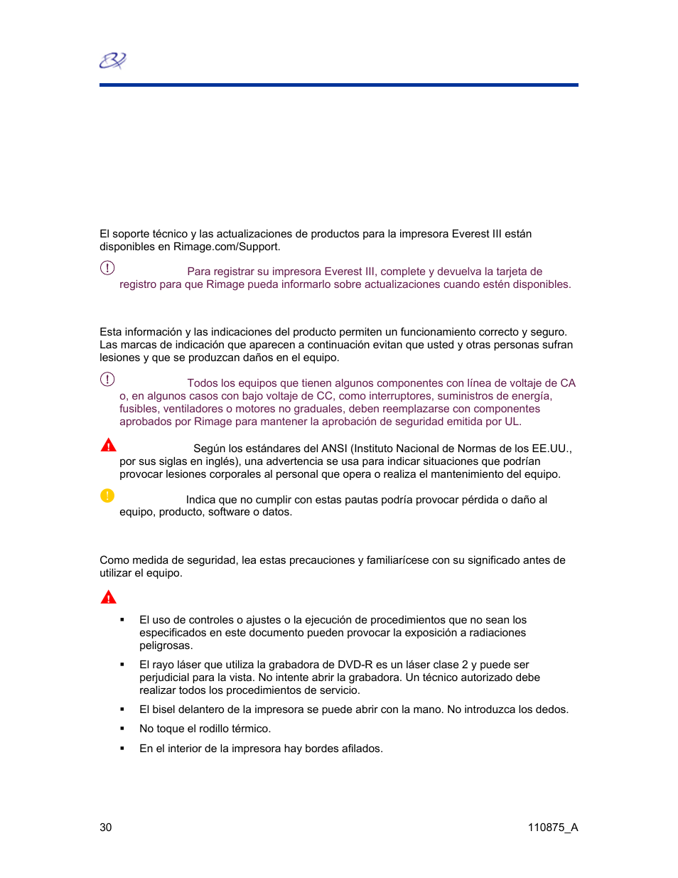 Precauciones y advertencias de rimage, Impresora everest iii, Soporte técnico y actualizaciones de productos | Información de seguridad | Rimage Everest III User Manual | Page 159 / 246