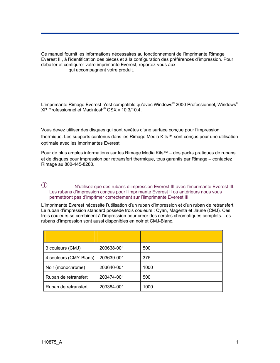 Introduction, Spécifications de l’imprimante, Spécifications du système d’exploitation | Spécifications des supports, Spécifications des rubans | Rimage Everest III User Manual | Page 171 / 246