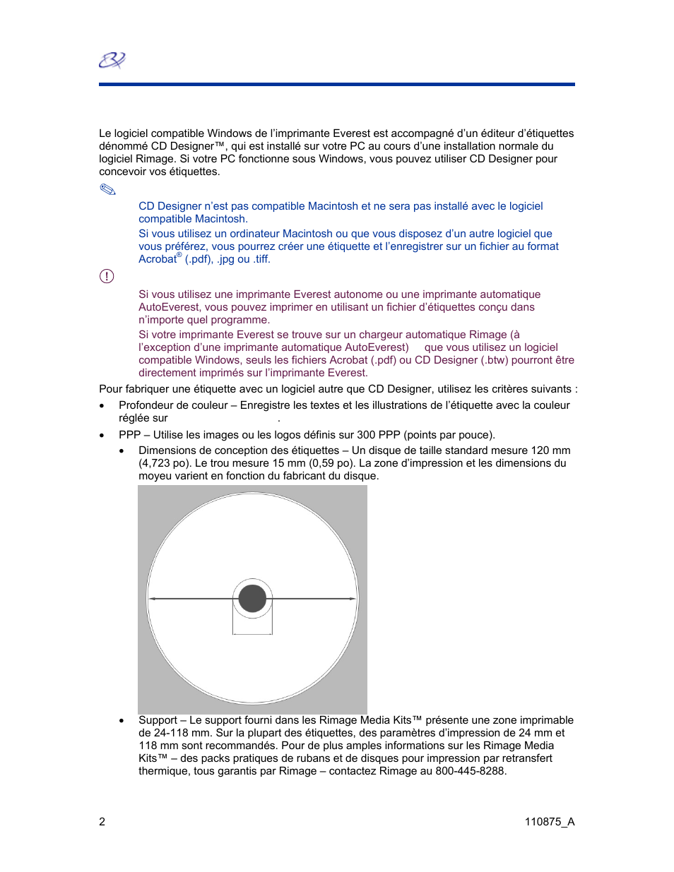 Spécifications de conception des étiquettes | Rimage Everest III User Manual | Page 172 / 246