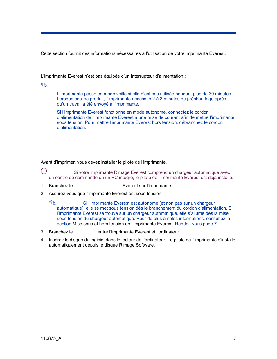 Fonctionnement de l’imprimante everest, Mise sous et hors tension de l’imprimante everest, Installation du pilote de l’imprimante everest | Rimage Everest III User Manual | Page 177 / 246