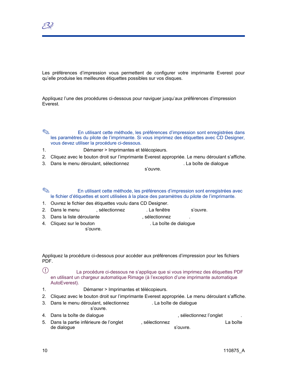 Navigation jusqu’aux préférences d’impression (pc) | Rimage Everest III User Manual | Page 180 / 246