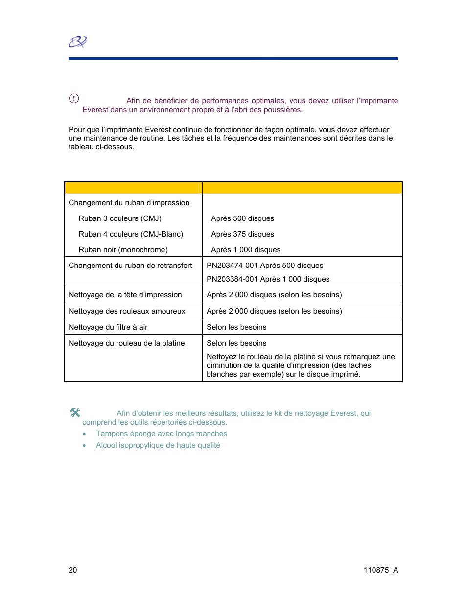 Maintenance de l’imprimante everest, Calendrier des maintenances | Rimage Everest III User Manual | Page 190 / 246