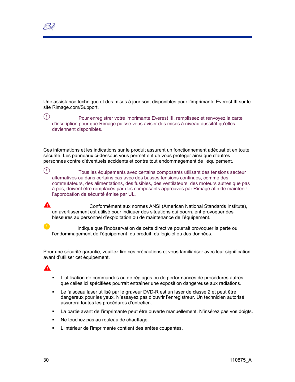 Mises en garde et avertissements rimage, Imprimante everest iii, Assistance technique et mises à jour du produit | Informations sur la sécurité | Rimage Everest III User Manual | Page 200 / 246