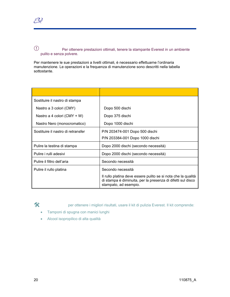 Manutenzione della stampante everest, Manutenzione programmata | Rimage Everest III User Manual | Page 231 / 246