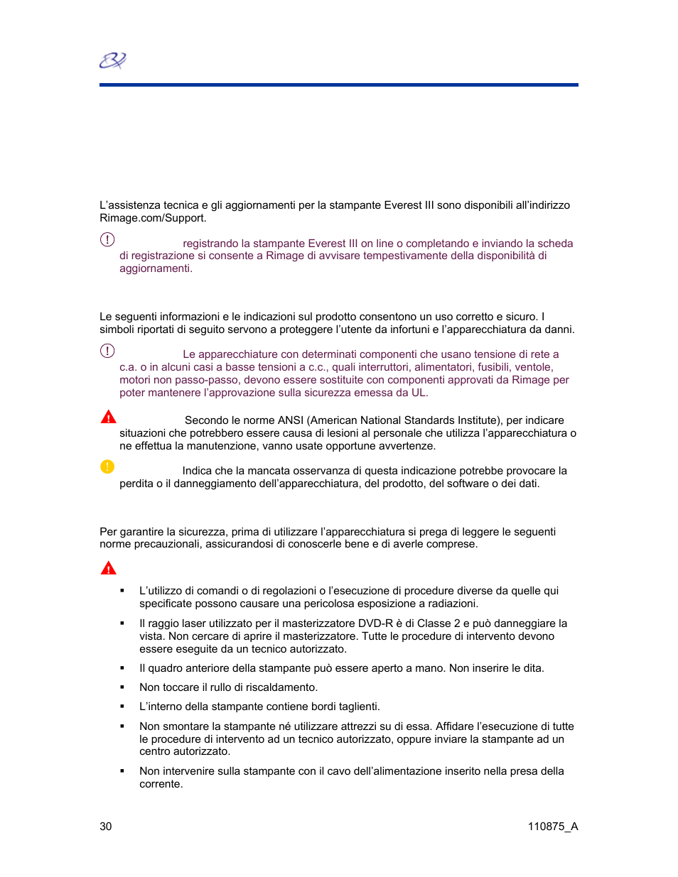 Rimage™ – avvertenze e precauzioni, Stampante everest iii, Supporto tecnico e aggiornamenti del prodotto | Informazioni sulla sicurezza | Rimage Everest III User Manual | Page 241 / 246