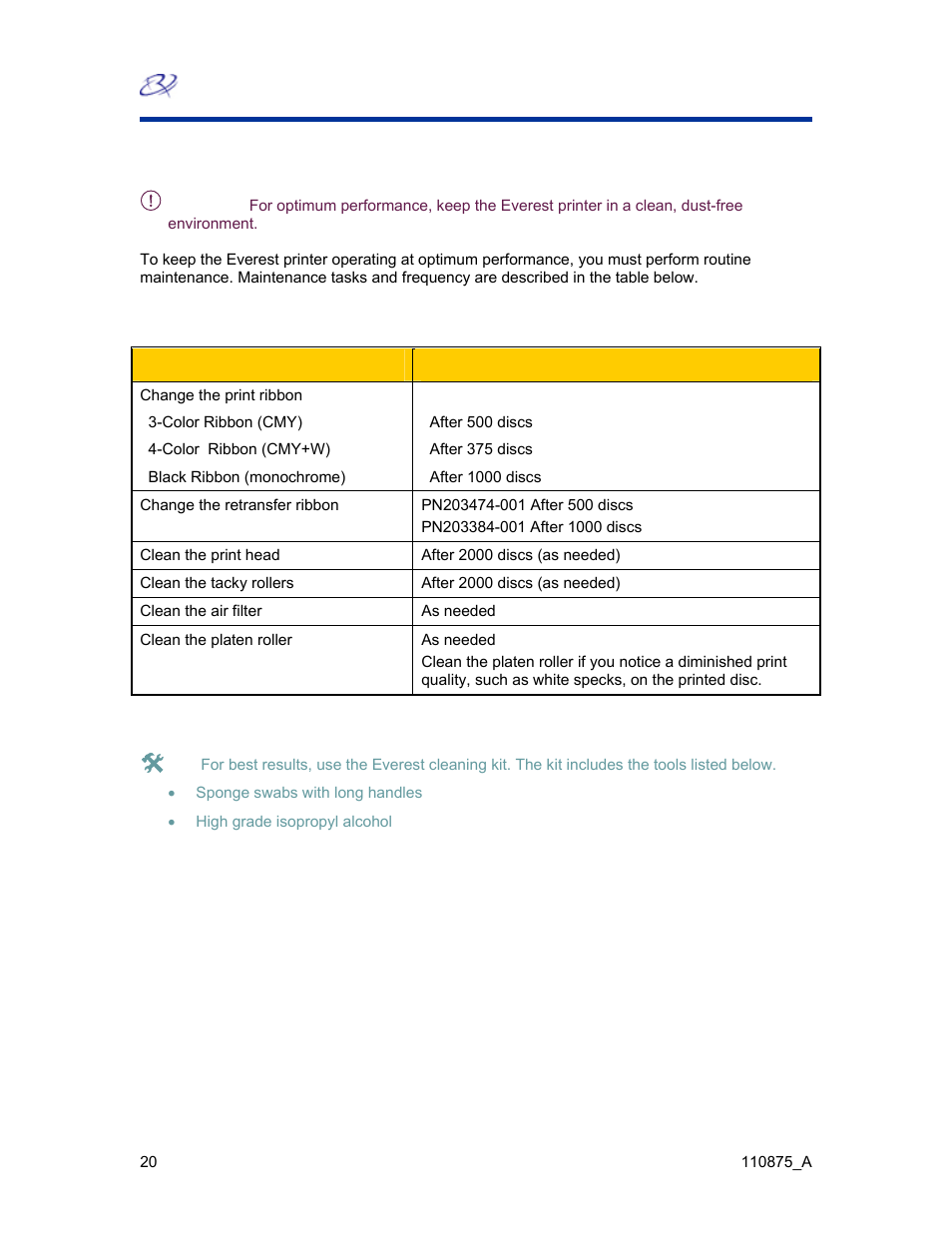 Maintain the everest printer, Maintenance schedule | Rimage Everest III User Manual | Page 26 / 246