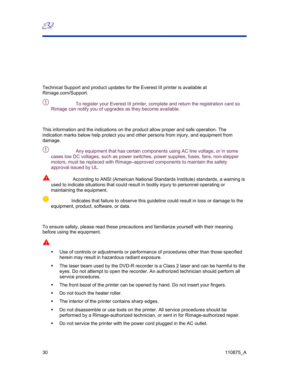 Rimage™ cautions and warnings, Everest iii printer, Technical support and product updates | Safety information | Rimage Everest III User Manual | Page 36 / 246