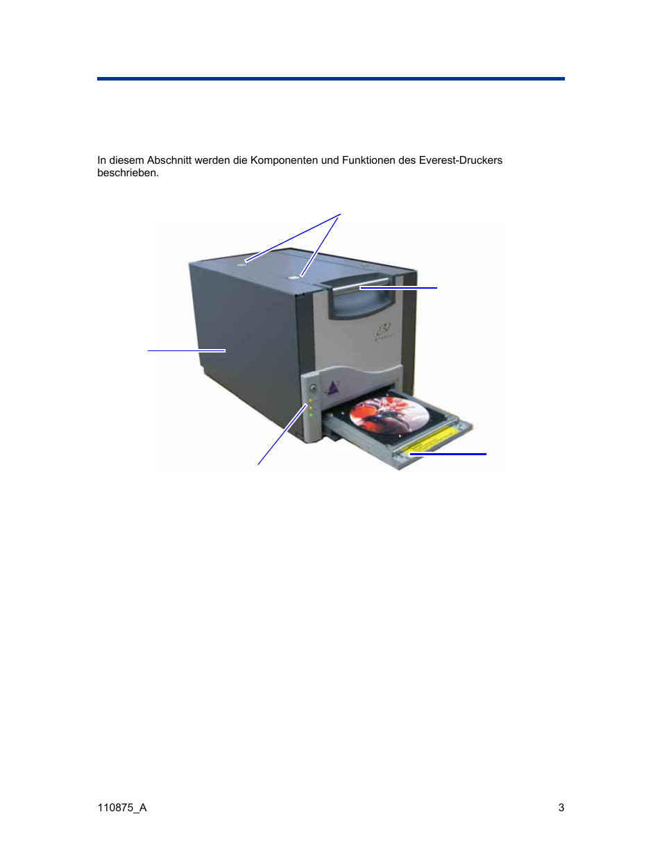 Ansicht und bedienelemente des everest-druckers, Vorderseite | Rimage Everest III User Manual | Page 50 / 246