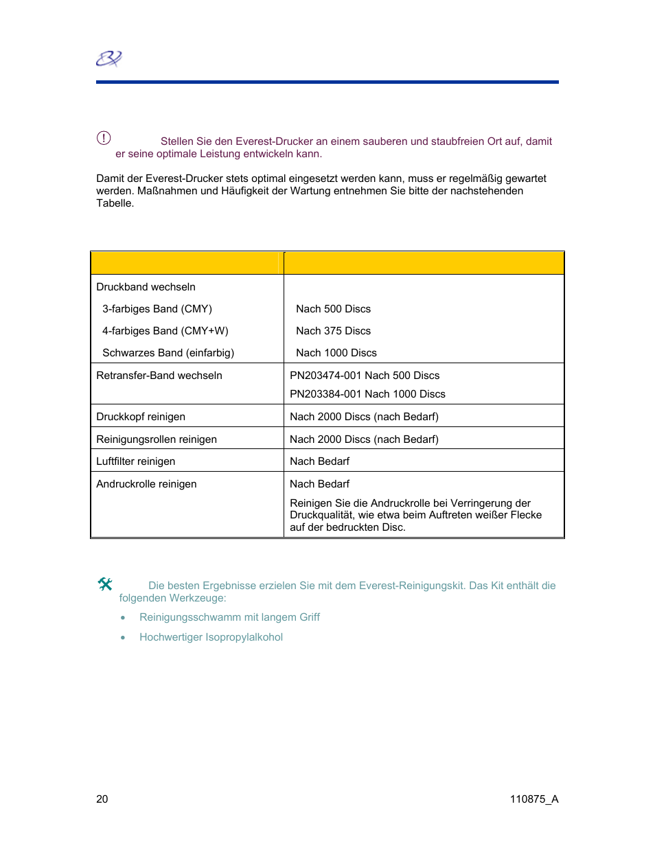 Wartung des everest-druckers, Wartungsplan | Rimage Everest III User Manual | Page 67 / 246