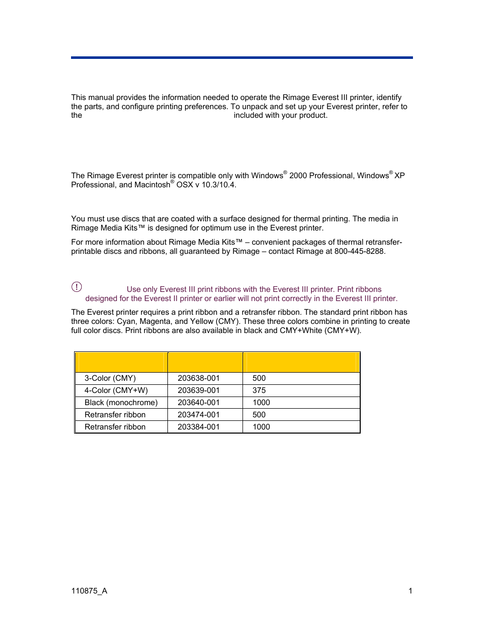 Introduction, Printer requirements, Operating system requirements | Media requirements, Ribbon requirements | Rimage Everest III User Manual | Page 7 / 246