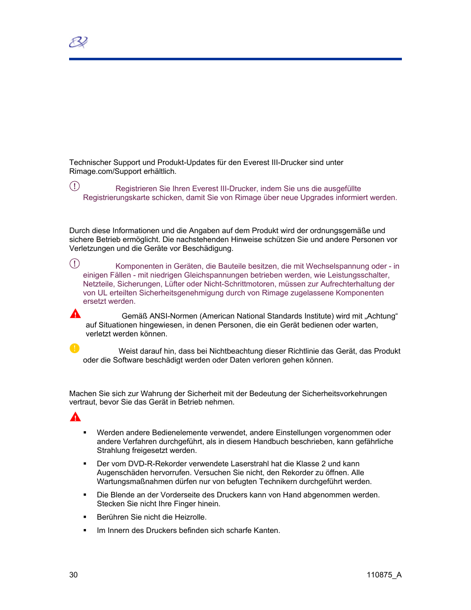 Rimage™-sicherheitshinweise und warnungen, Everest iii-drucker, Technischer support und produkt-updates | Sicherheitshinweise | Rimage Everest III User Manual | Page 77 / 246