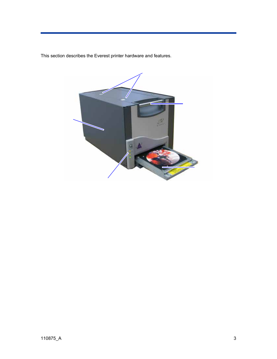 Identify the parts of the everest printer, Front view | Rimage Everest III User Manual | Page 9 / 246