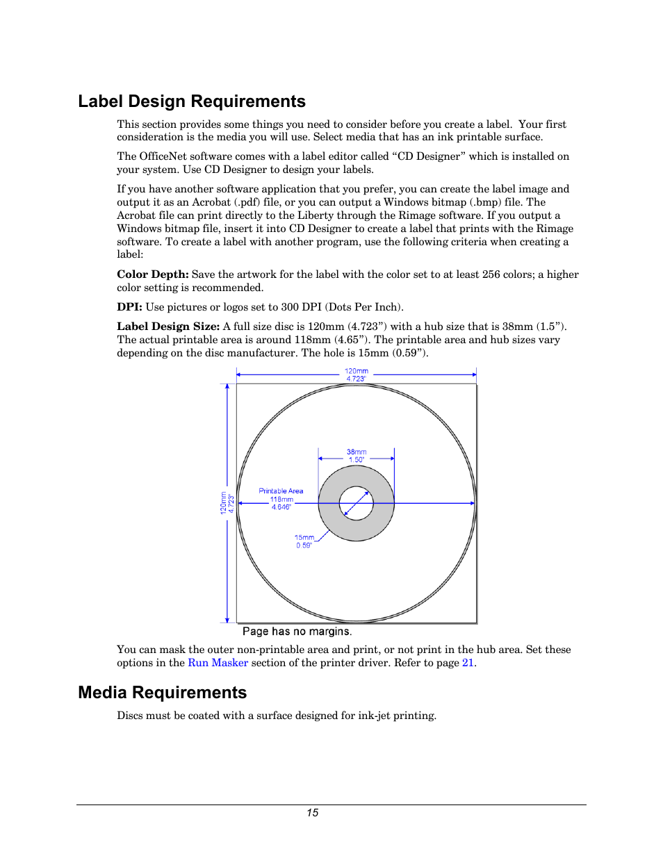 Label design requirements, Media requirements | Rimage 110716-000 User Manual | Page 15 / 29