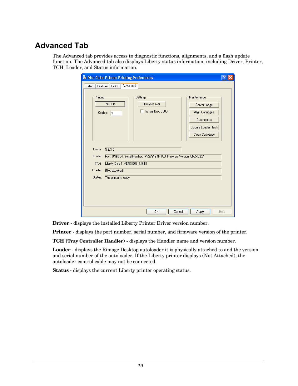 Advanced tab, Section on | Rimage 110716-000 User Manual | Page 19 / 29