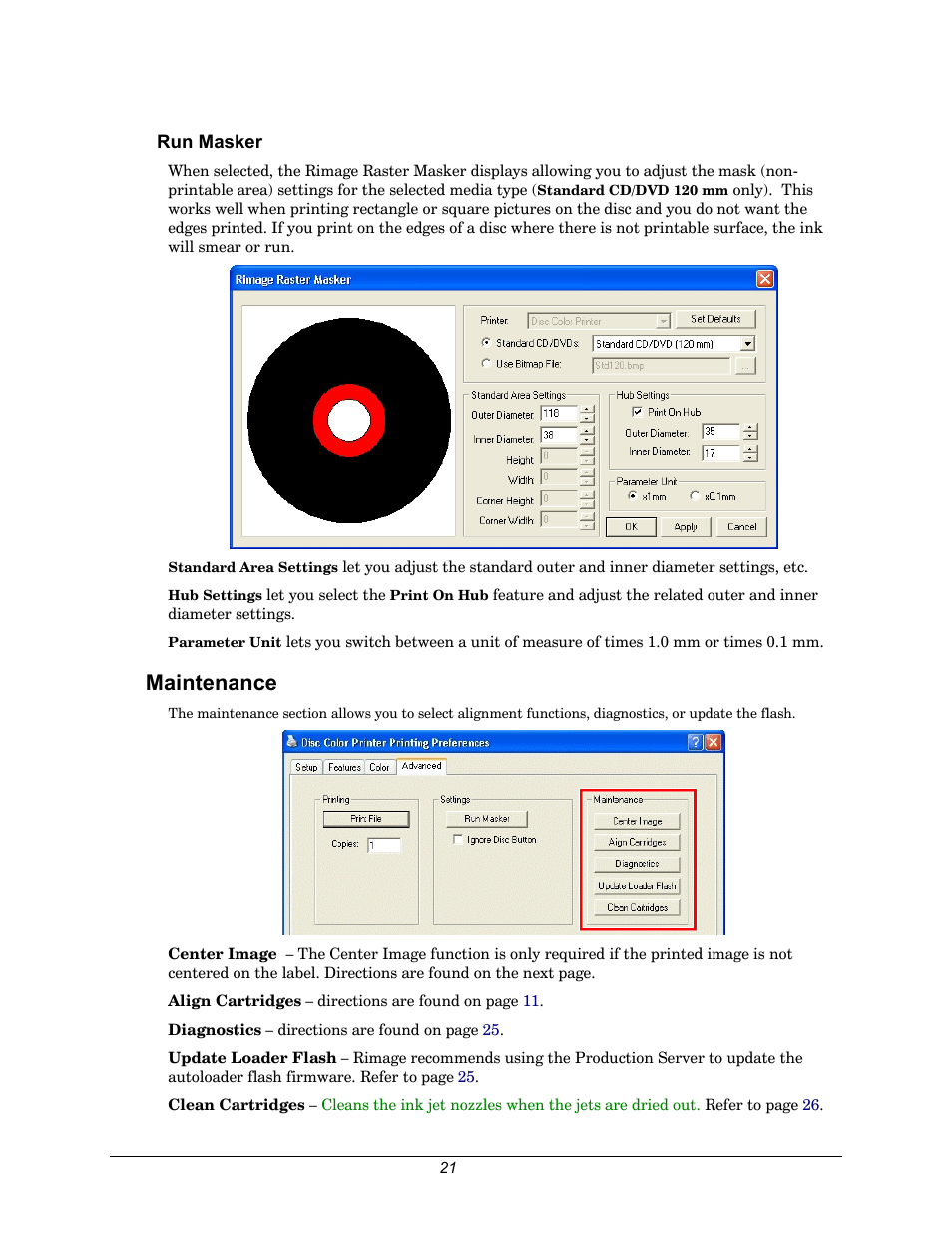 Run masker, Maintenance, Section of the p | Rimage 110716-000 User Manual | Page 21 / 29