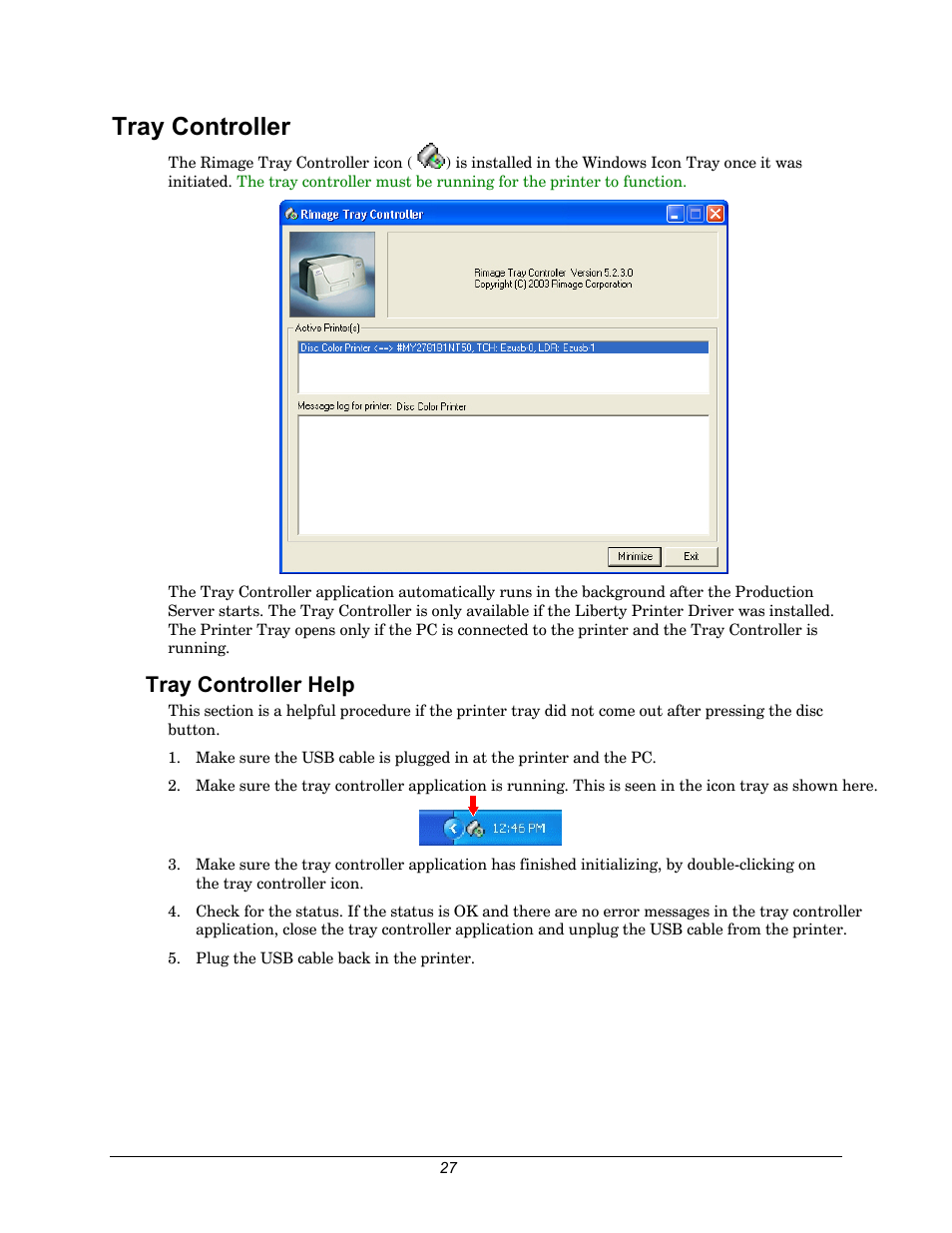 Tray controller, Tray controller help, On when the | Rimage 110716-000 User Manual | Page 27 / 29