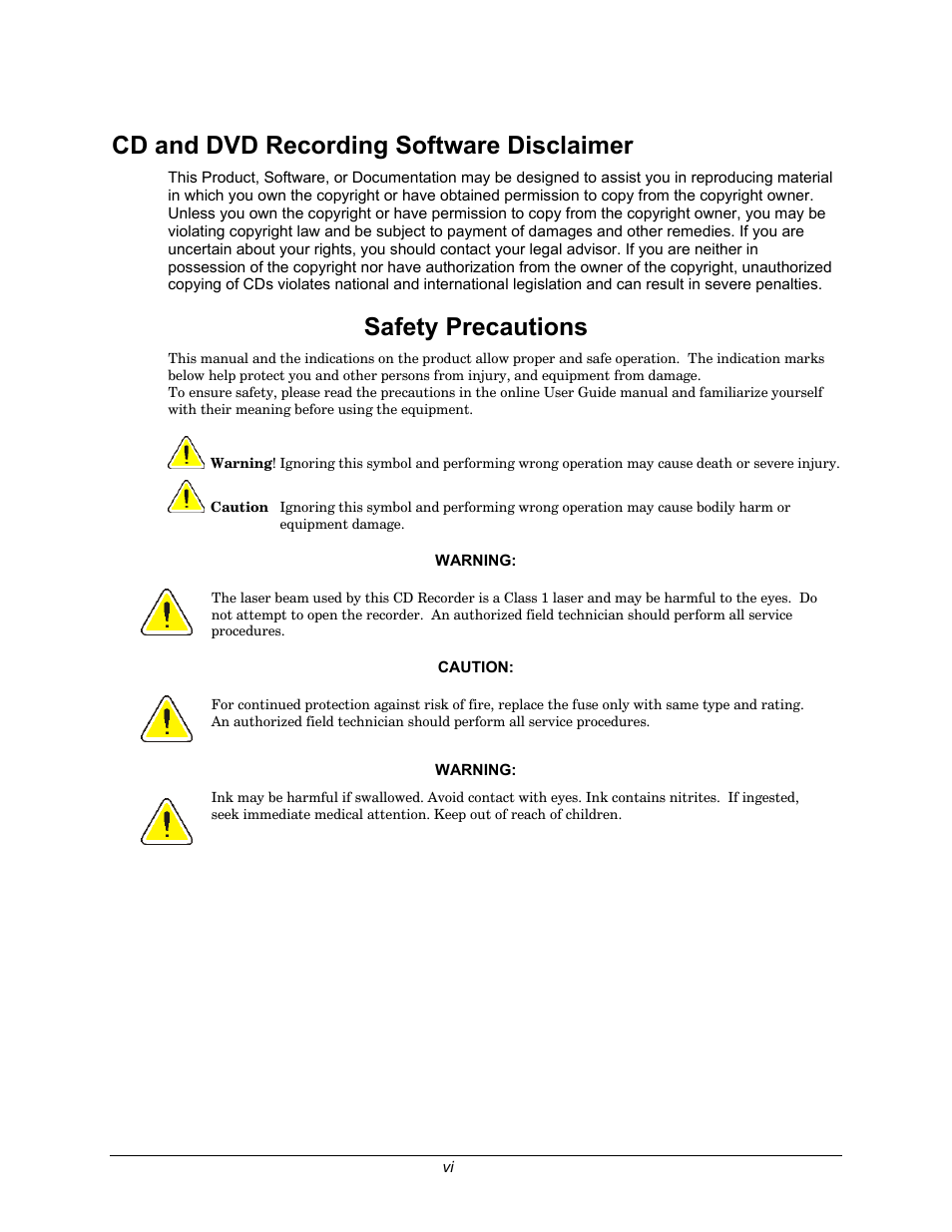 Cd and dvd recording software disclaimer, Safety precautions | Rimage 110716-000 User Manual | Page 6 / 29