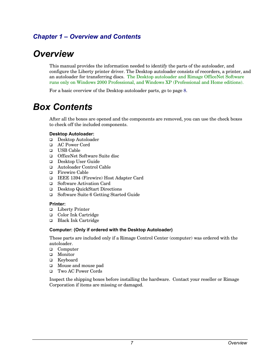 Overview, Box contents, Chapter 1 – overview and contents | Rimage 110716-000 User Manual | Page 7 / 29