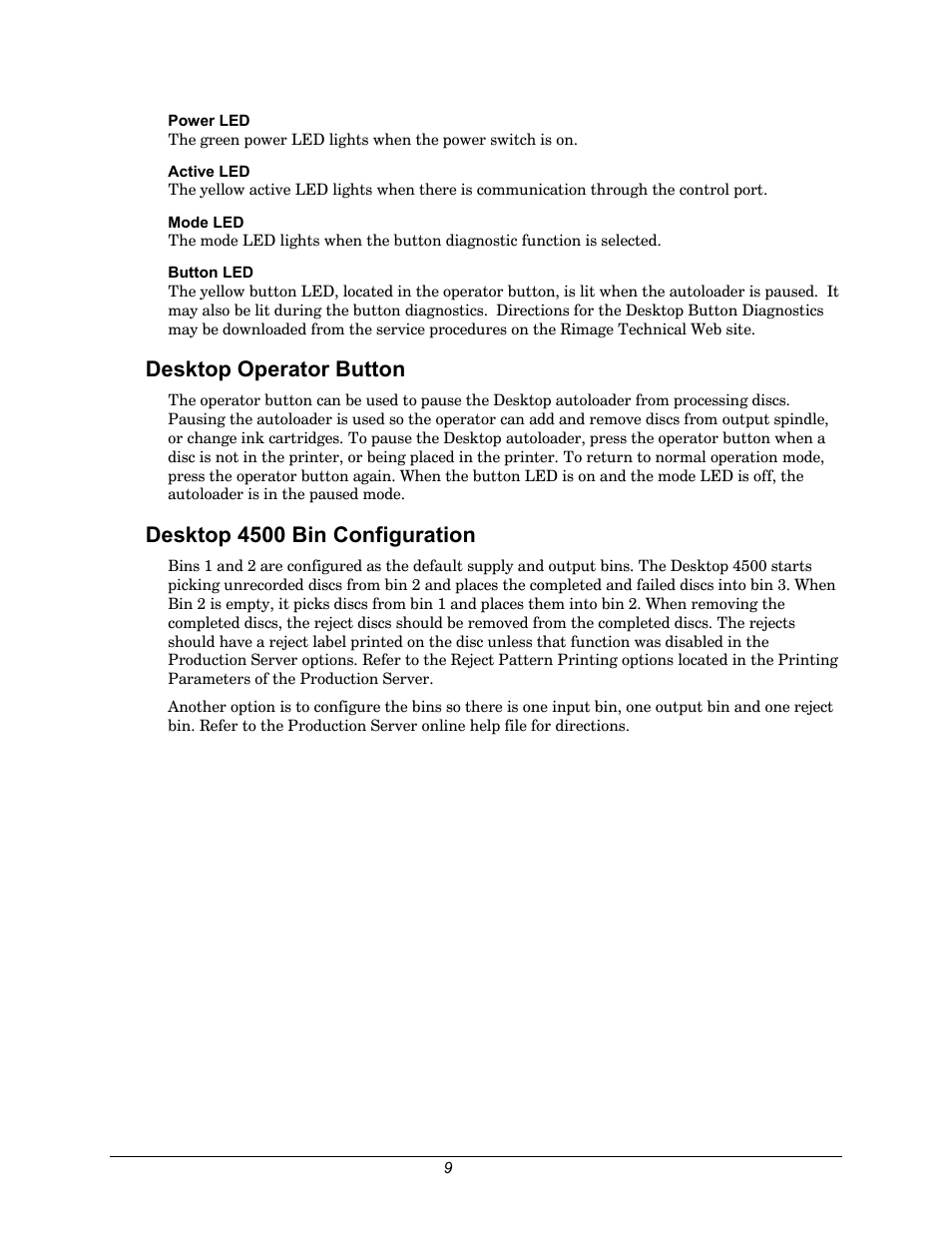 Desktop operator button, Desktop 4500 bin configuration | Rimage 110716-000 User Manual | Page 9 / 29