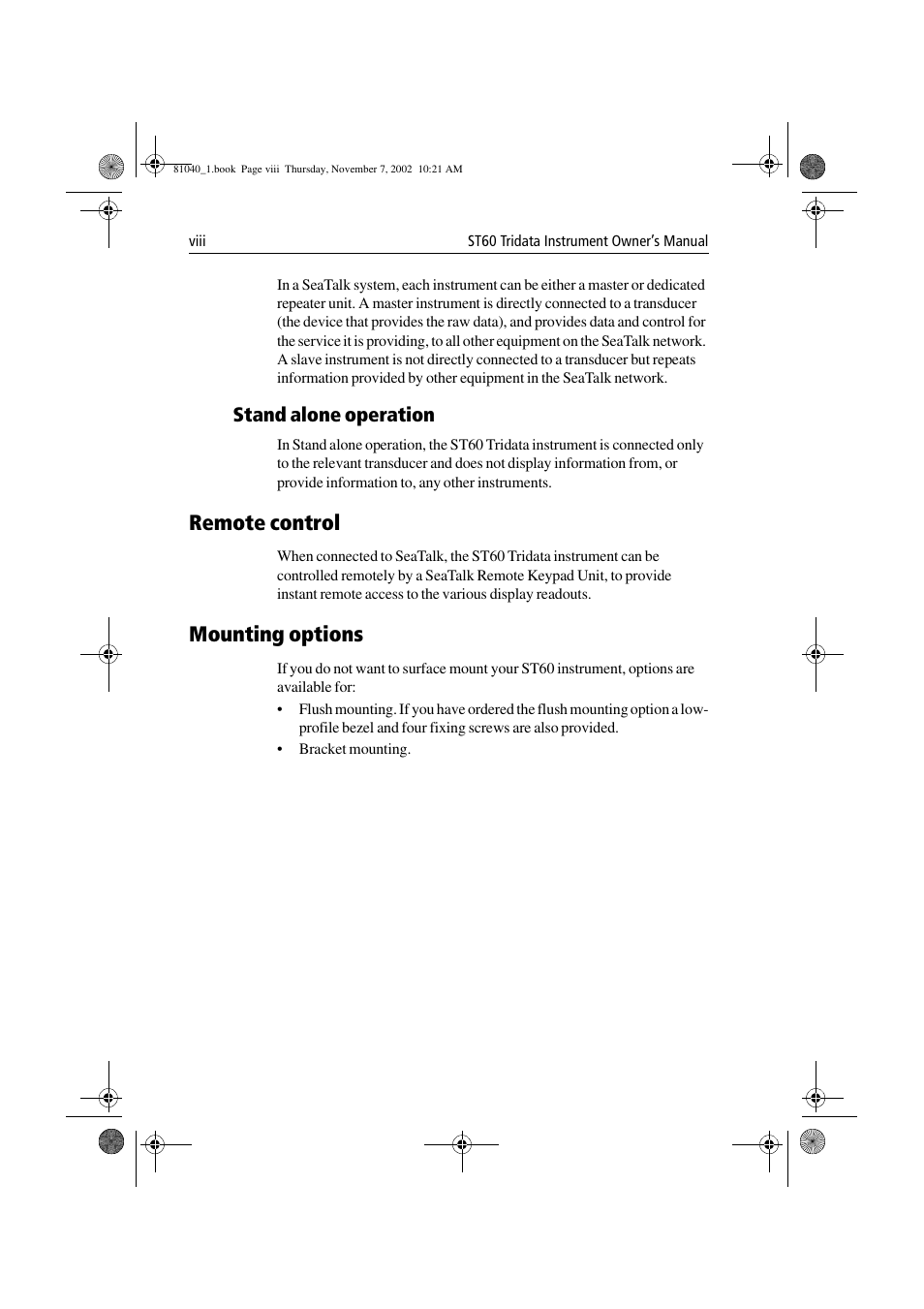 Remote control, Mounting options, Stand alone operation | Raymarine ST60 Tridata User Manual | Page 10 / 58