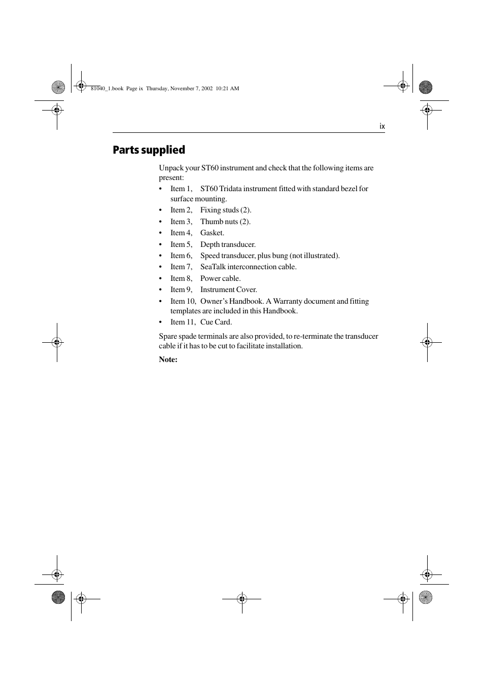 Parts supplied | Raymarine ST60 Tridata User Manual | Page 11 / 58