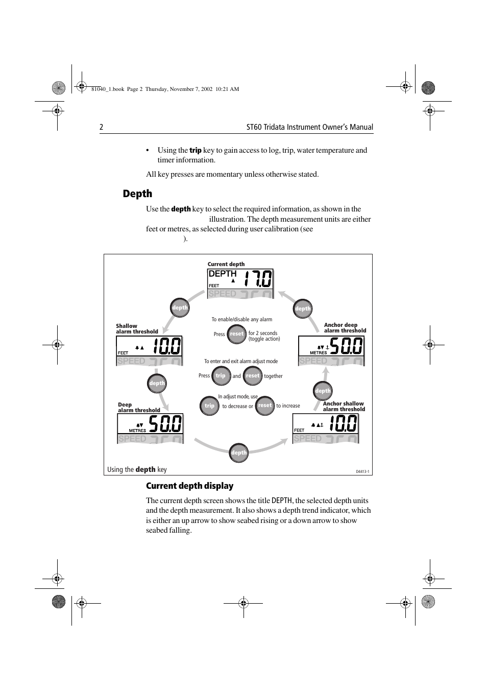 Depth, Current depth display | Raymarine ST60 Tridata User Manual | Page 14 / 58