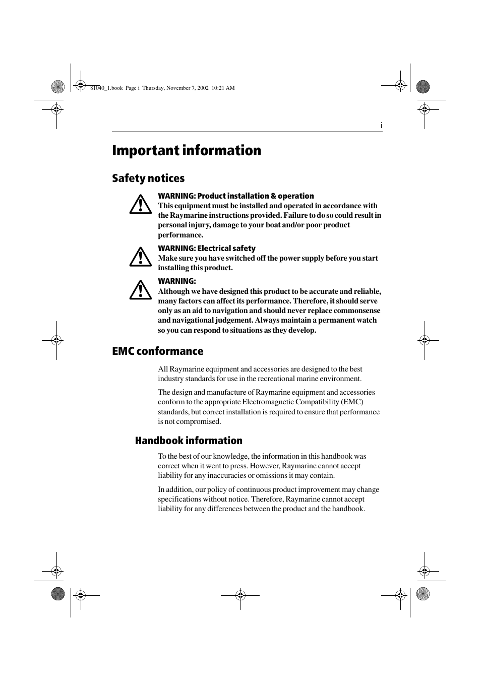 Important information, Safety notices, Emc conformance | Raymarine ST60 Tridata User Manual | Page 3 / 58
