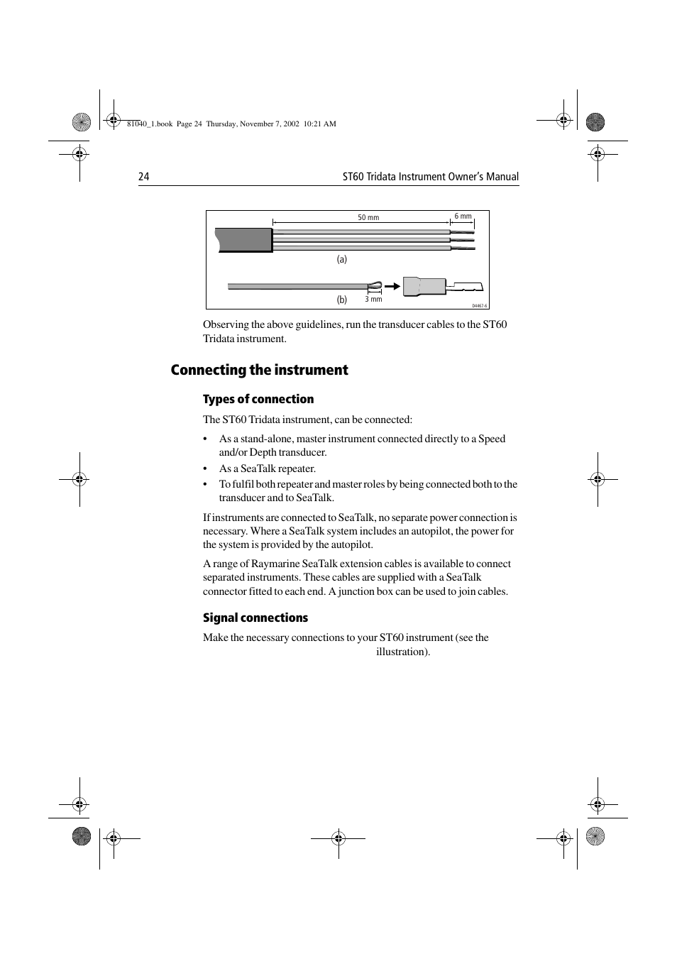 Connecting the instrument | Raymarine ST60 Tridata User Manual | Page 36 / 58