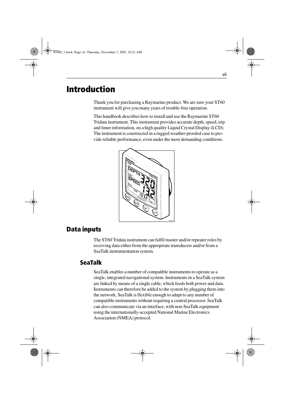 Introduction, Data inputs, Seatalk | Raymarine ST60 Tridata User Manual | Page 9 / 58
