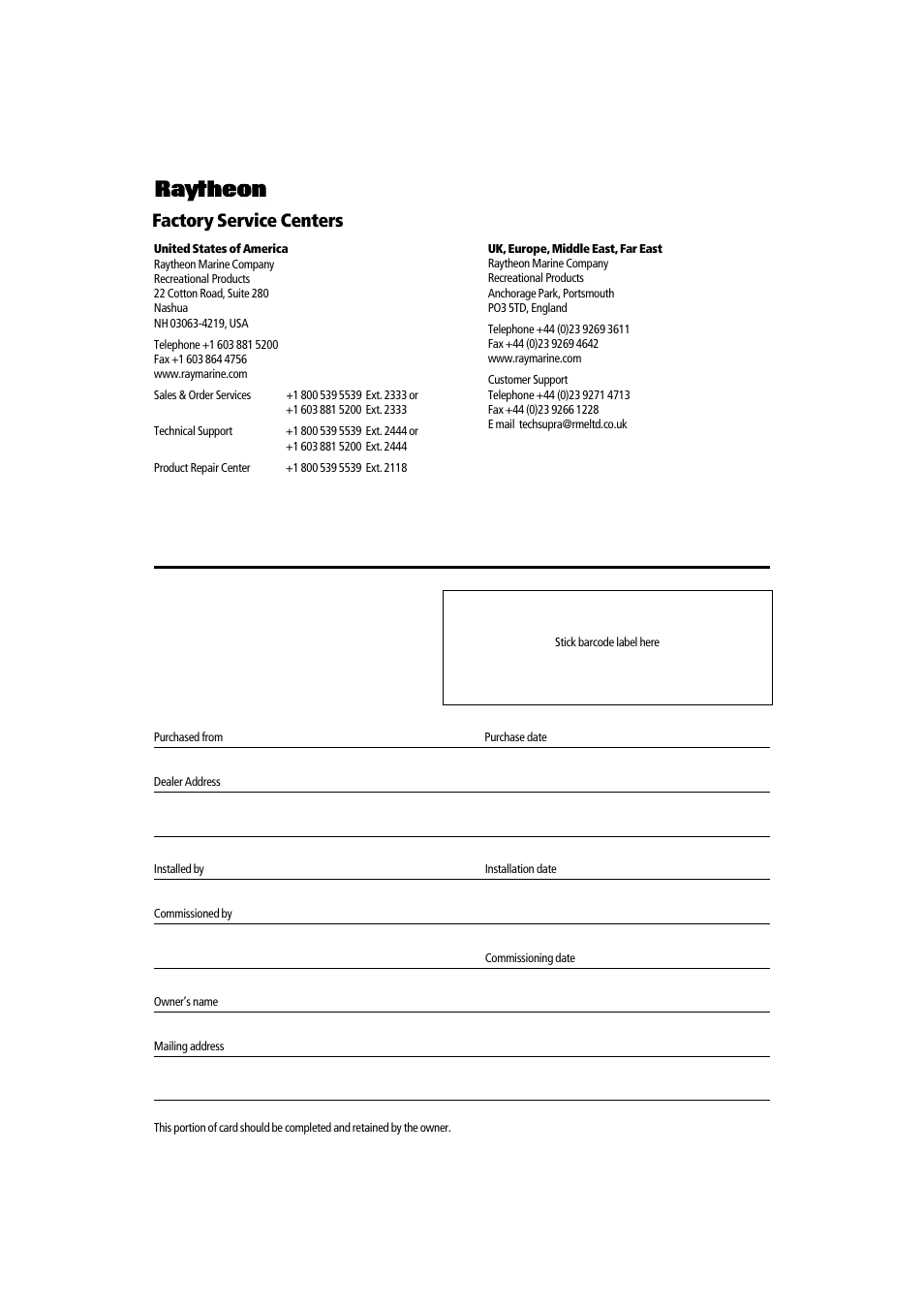 Factory service centers | Raymarine RAYCHART 420D User Manual | Page 101 / 101