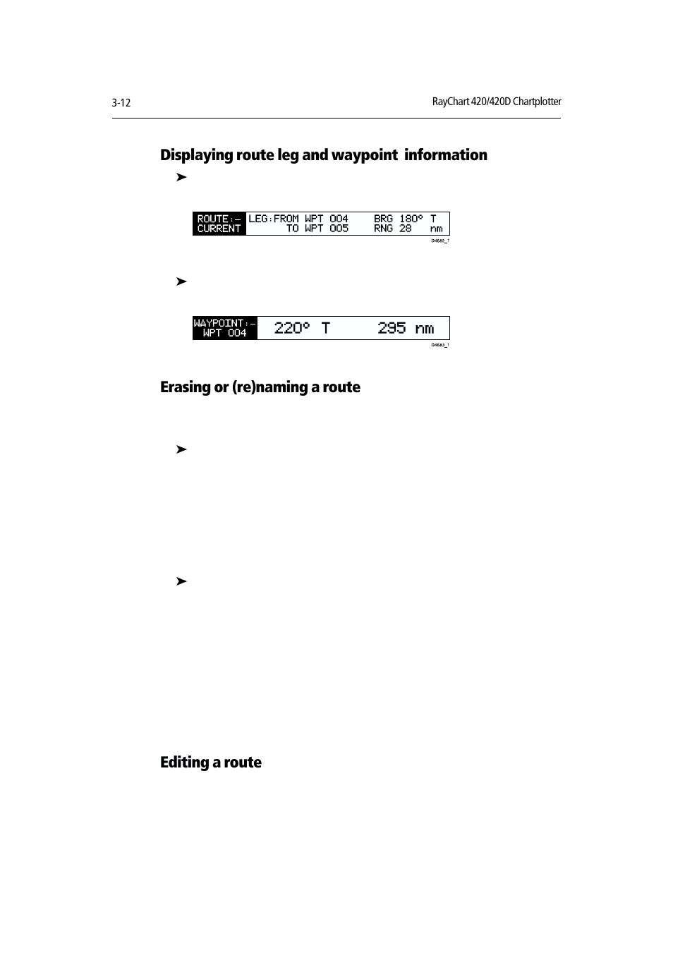 Displaying route leg and waypoint information, Erasing or (re)naming a route, Editing a route | Raymarine RAYCHART 420D User Manual | Page 43 / 101