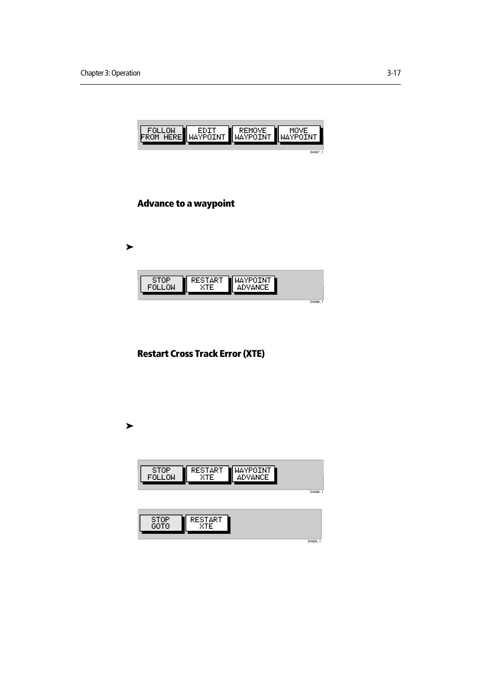 Advance to a waypoint, Restart cross track error (xte) | Raymarine RAYCHART 420D User Manual | Page 48 / 101