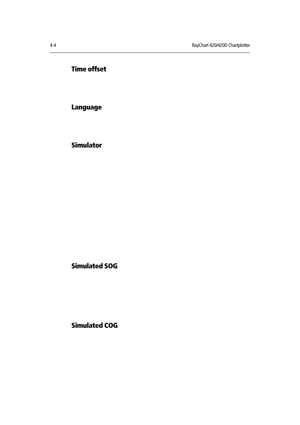 Time offset, Language, Simulator | Simulated sog, Simulated cog | Raymarine RAYCHART 420D User Manual | Page 65 / 101