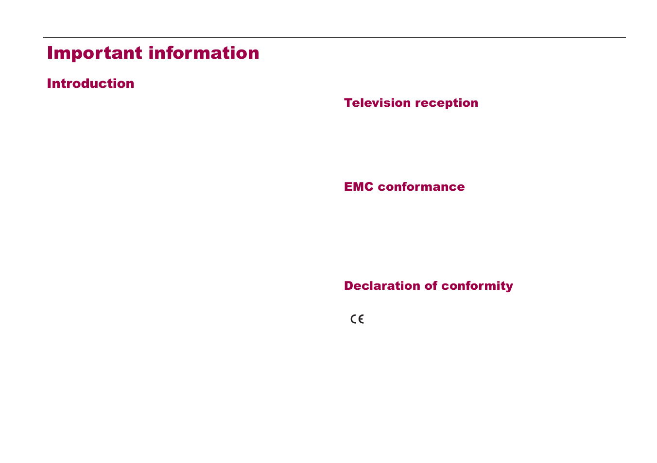 Important information, Introduction, Television reception | Emc conformance, Declaration of conformity | Raymarine 81285_1 User Manual | Page 5 / 18
