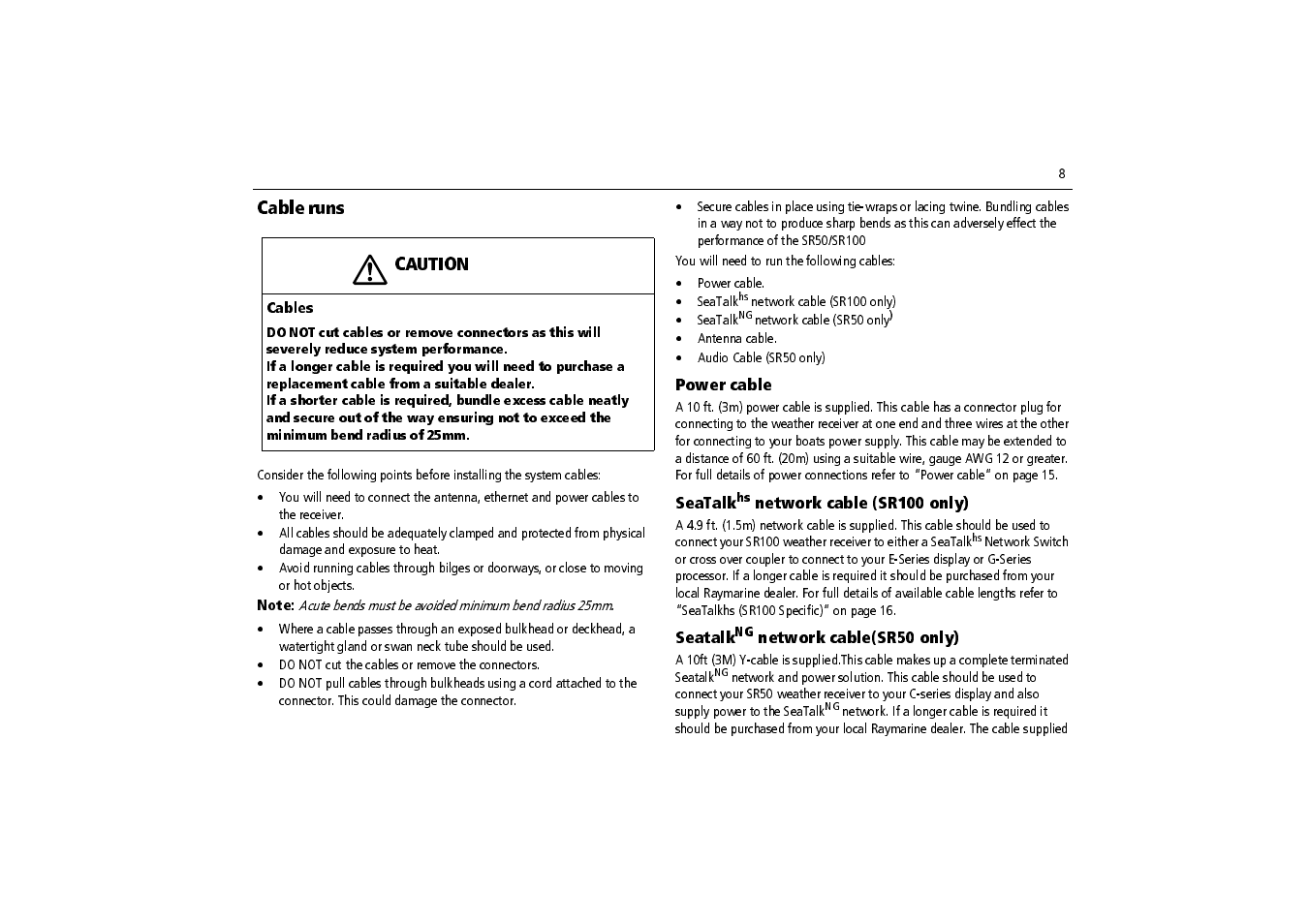 Cable runs | Raymarine SR100 User Manual | Page 11 / 48