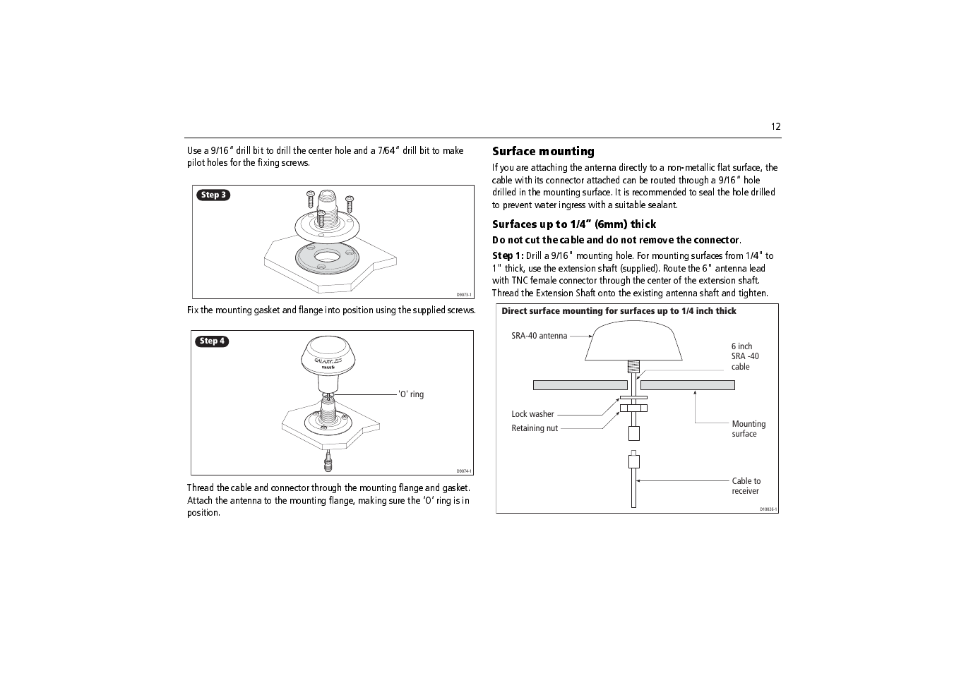 Surfaces up to 1/4” (6mm) thick, Surface mounting, Step 1 | Raymarine SR100 User Manual | Page 15 / 48