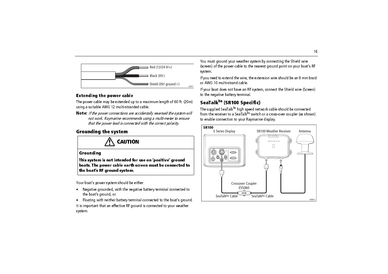 Extending the power cable, Grounding the system, Seatalk | Sr100 specific) | Raymarine SR100 User Manual | Page 19 / 48