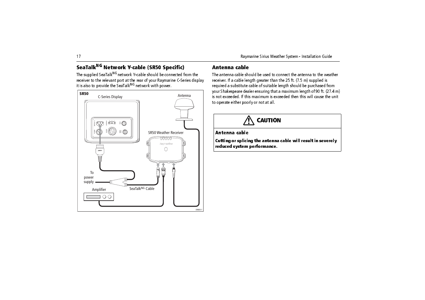 Caution, Rg y in / out, Antenna cable | Raymarine SR100 User Manual | Page 20 / 48